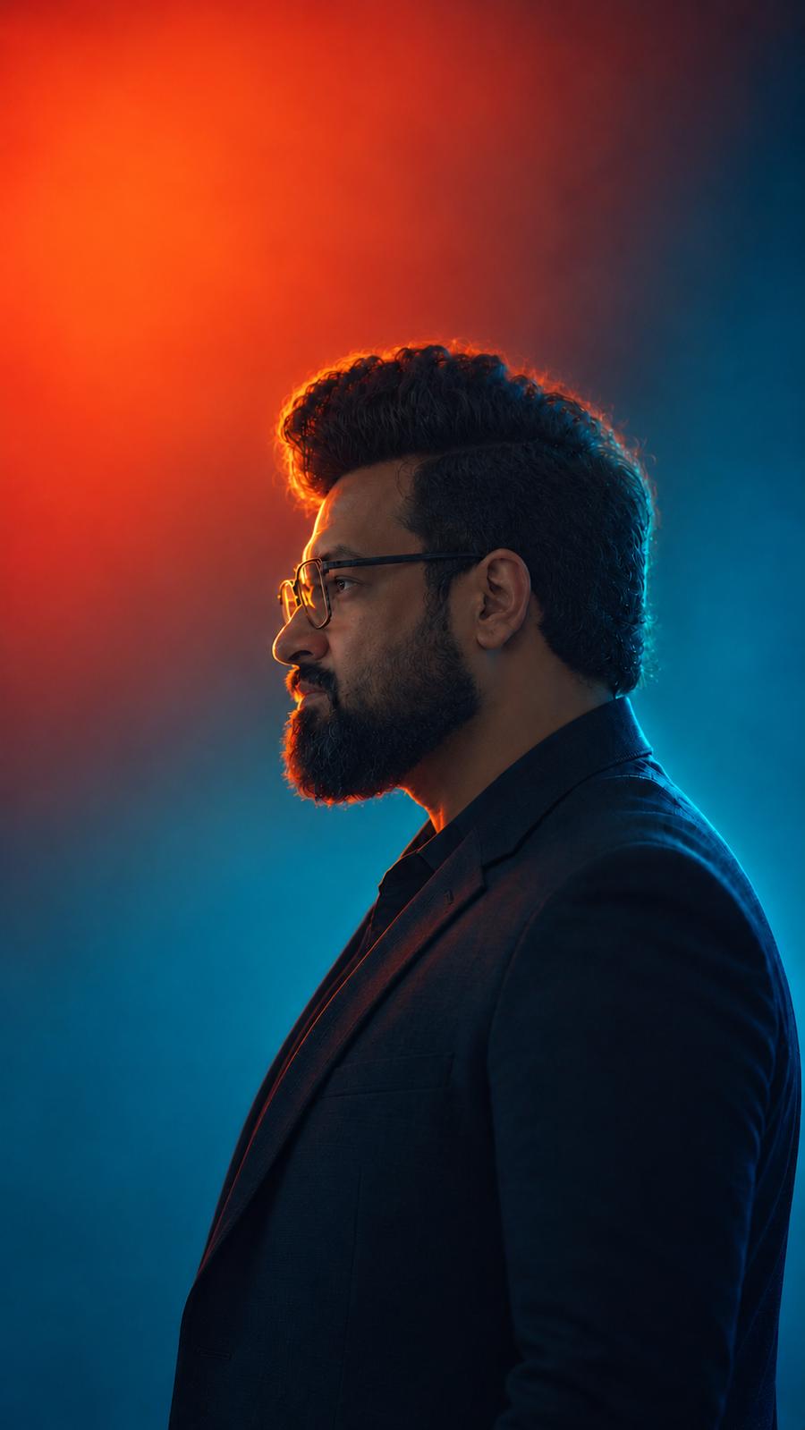 Abdul Basit in profile, lit orange and blue